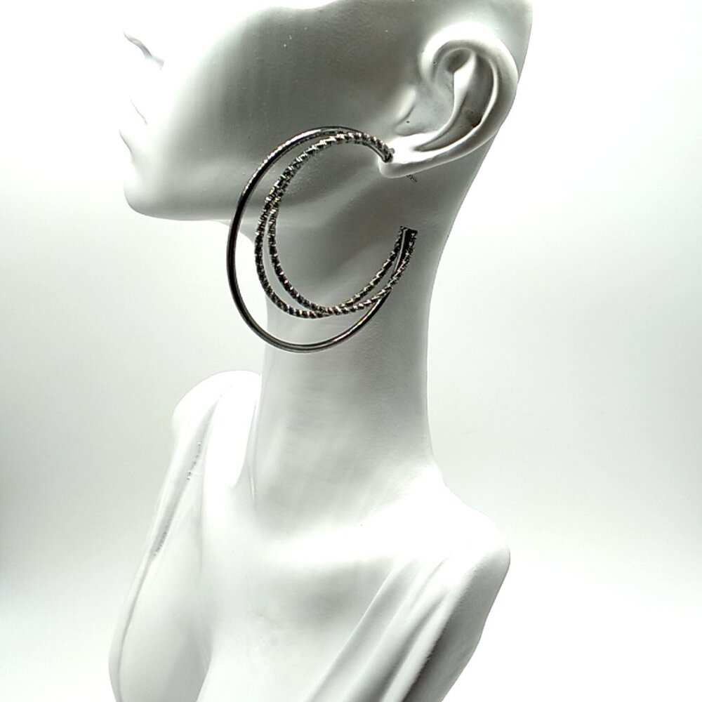 Large Multi-Wire Hoop Post Earrings Black Smooth & Diamond Cut 1.25"x1.5"